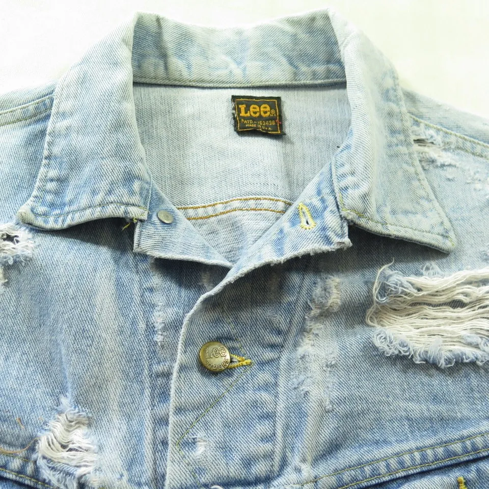 Vintage 70s Lee Denim Vest Mens M Perfectly Distressed Stone Wash