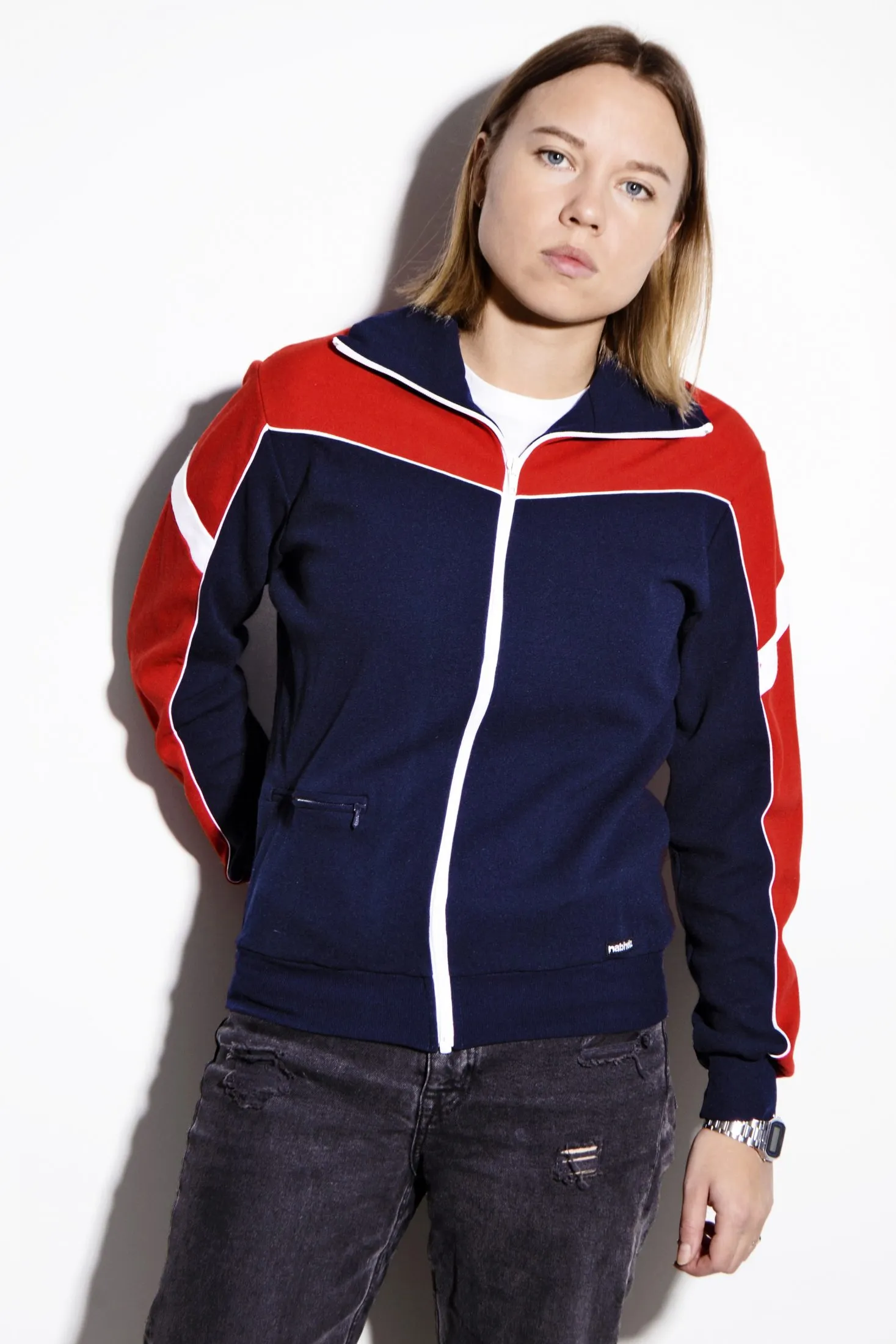 Vintage women’s 70’s track jacket in blue and red colour