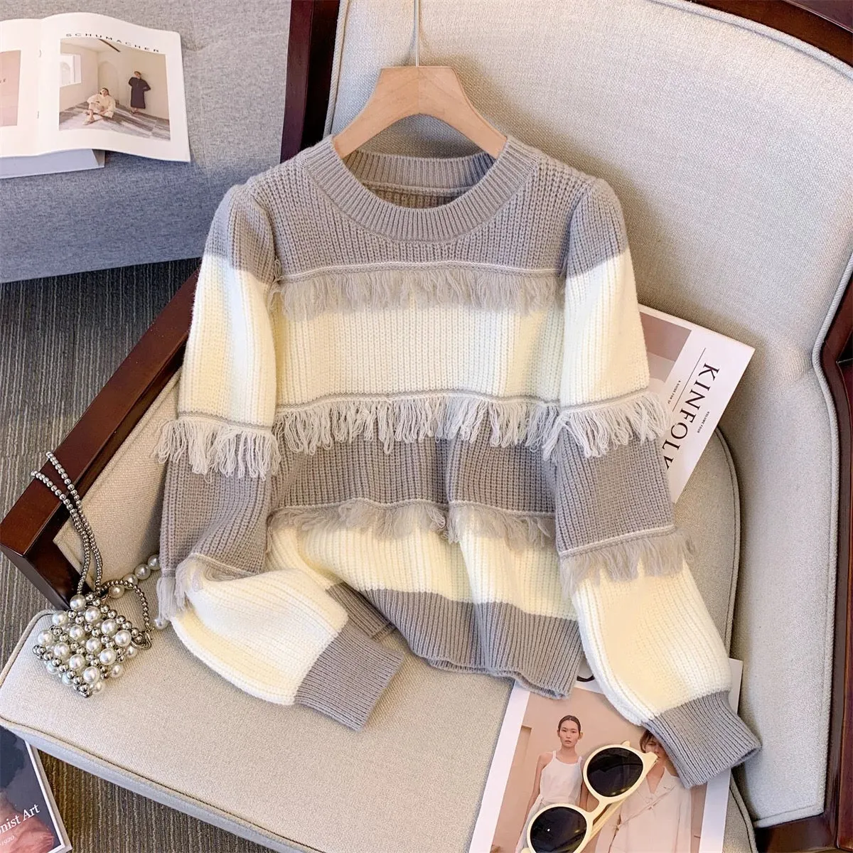 Western style age-reducing American retro pullover round neck striped tassel contrast sweater outer top for women autumn and win