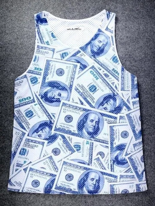 White US Dollars Bank Notes Cash Net Sleeveless Mens T-shirt Vest Sports Tank Top