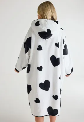 Womens Cream & Black Heart Print Hooded Zip Through Blanket