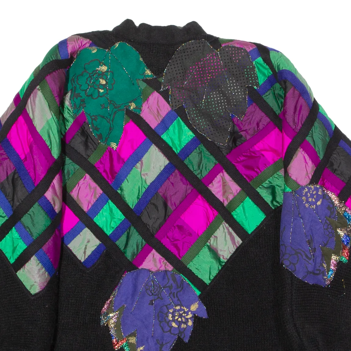 Womens Fleece Jacket Black Knit Wool 80s Crazy Pattern UK 16