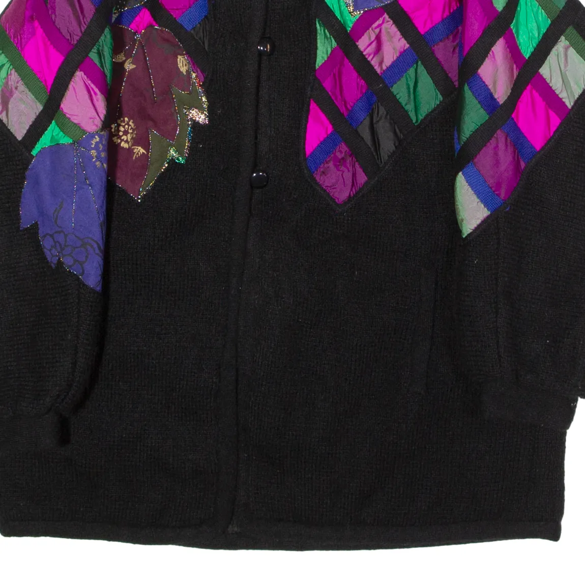 Womens Fleece Jacket Black Knit Wool 80s Crazy Pattern UK 16