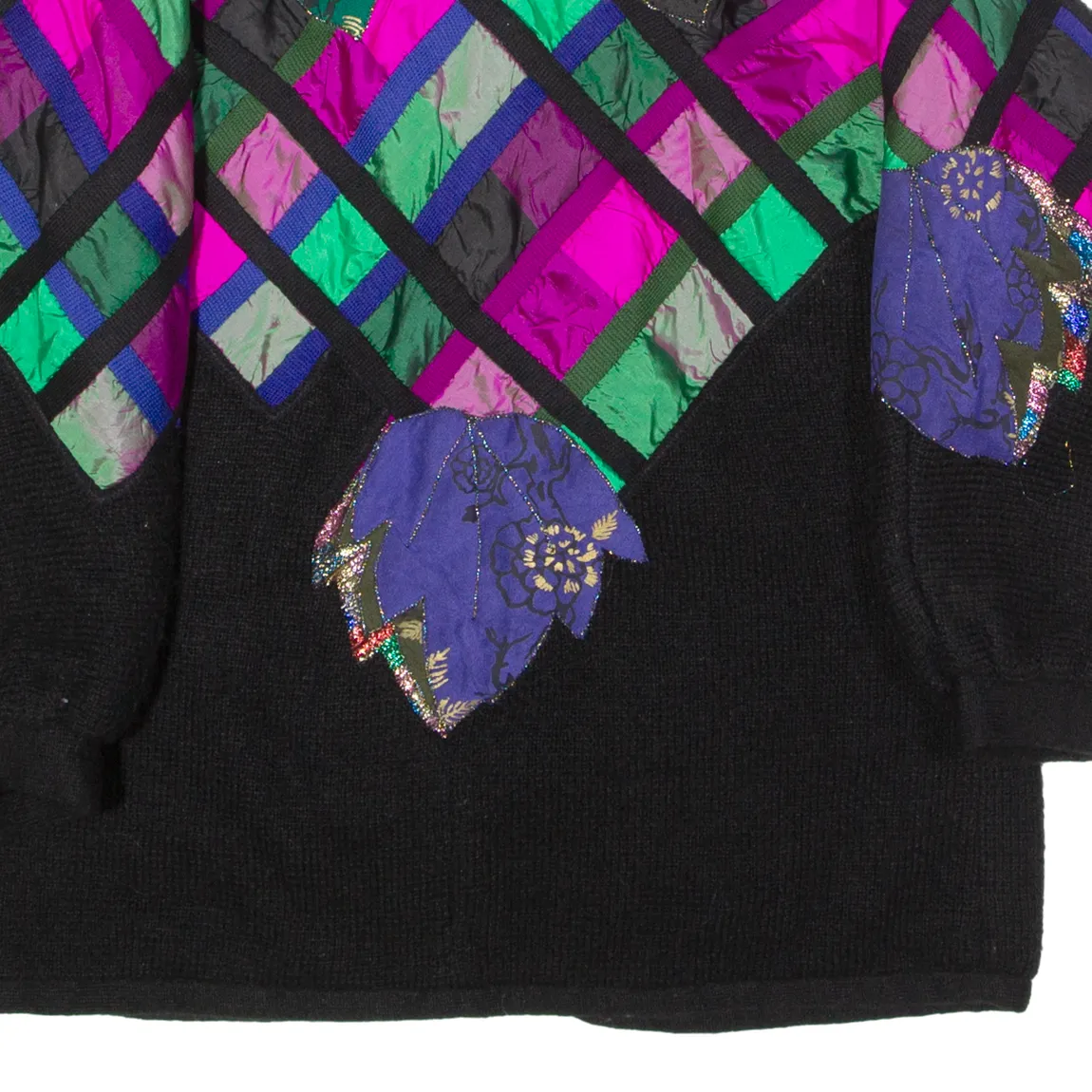 Womens Fleece Jacket Black Knit Wool 80s Crazy Pattern UK 16