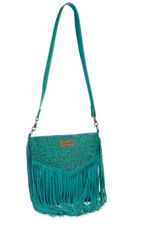 Wrangler Turquoise Floral Tooled Leather & Long Fringe Large Crossbody Bag 